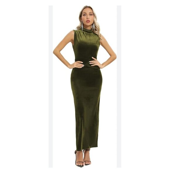 Capuffy Womens Bodycon Size 8-10 Olive Green Velvet Backless Midi Dress - Picture 2 of 12